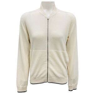 CHANEL ECRU ZIP UP CASHMERE KNIT CARDIGAN WITH LION HEAD AND CC LOGO EMBROIDERY